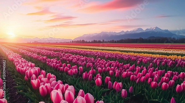 Fototapeta A stunning sunset over tulip fields, with pink and purple hues creating a breathtaking landscape. growing tulips on an industrial scale