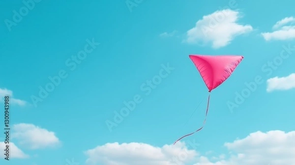 Fototapeta Pink Triangle Kite Soaring in a Blue Sky with Fluffy White Clouds