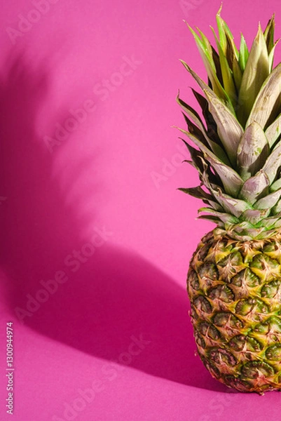 Fototapeta Fresh sweet pineapple on pink purple background with hard shadow, angle view copy space, cropped