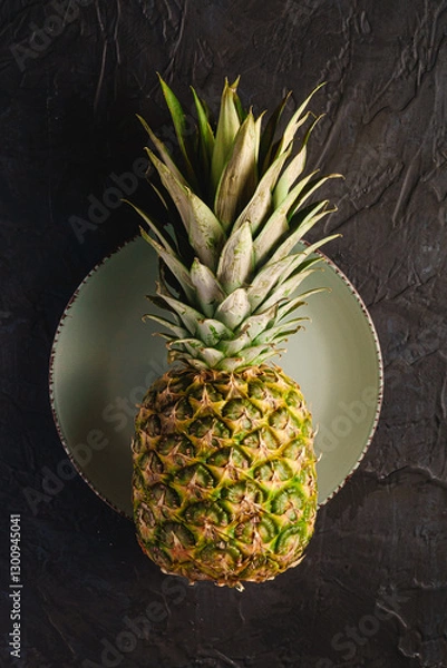 Fototapeta Fresh sweet pineapple in grey plate on dark black textured background, top view