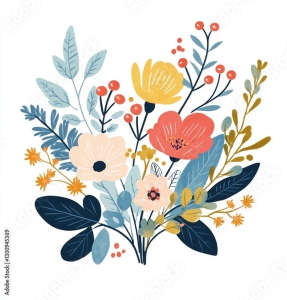 Fototapeta A colorful bouquet of flowers with a blue background. The flowers are arranged in a way that creates a sense of harmony and balance. The bright colors of the flowers