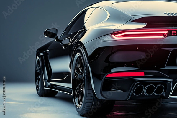 Fototapeta Rear view of a modern black premium car under professional studio lighting