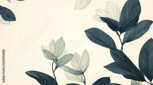 Fototapeta Green botanical pattern featuring dark and light leaf tones artfully composing elegant natural design against soft cream backdrop, highlighting botanical sophistication