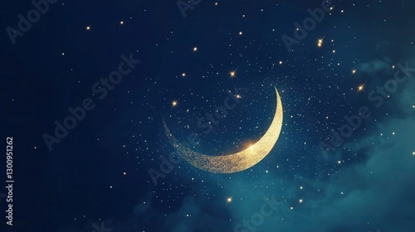 Fototapeta Mesmerizing night sky scene with a glittering crescent moon surrounded by numerous stars. The deep blue backdrop enhances the celestial beauty of this enchanting view.