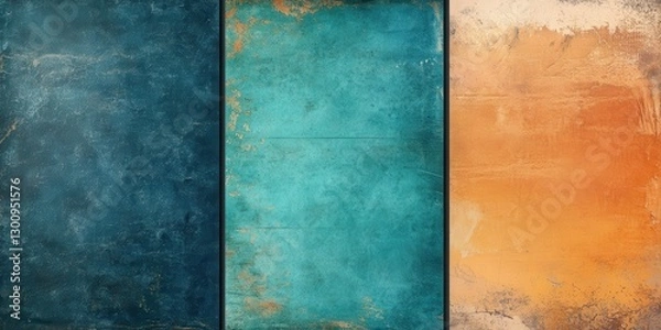Fototapeta Three different colored papers with a blue background. The blue background is the same color as the first paper