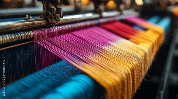 Obraz Closeup of industrial looms weaving yarn, symbolizing advanced machinery and textile production, vibrant threads, intricate manufacturing process