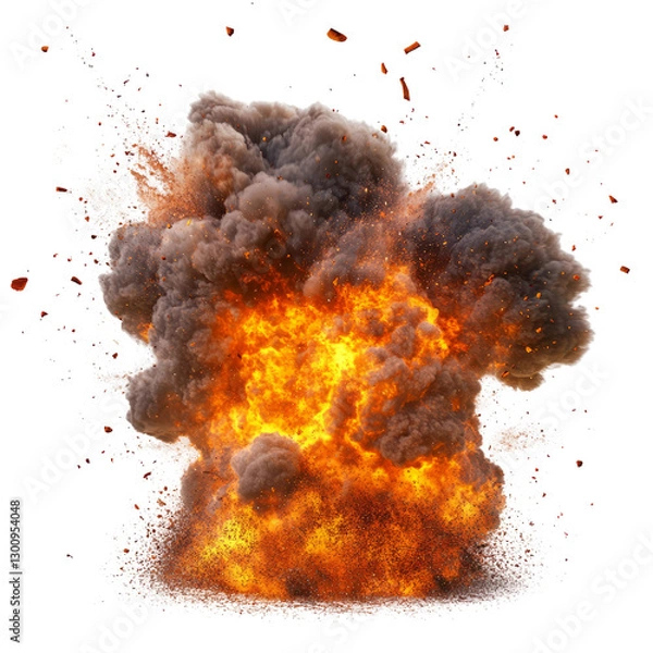 Fototapeta big exploding with fire and smork full in focus, isolated on white background