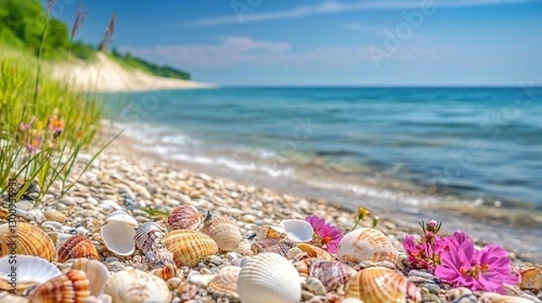 Fototapeta Exquisite beachscape with vibrant flowers and scattered seashells on golden sand, overlooking a stunning azure ocean under a pristine blue sky.