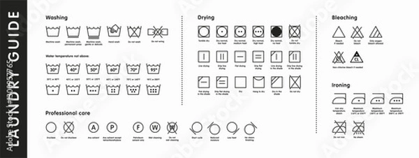 Fototapeta Washing symbols set isolated on background. Laundry guide icons collection. Care ladel pictogram. Clothes washing instruction. Washing, drying, dry-cleaning, ironing. Vector illustration