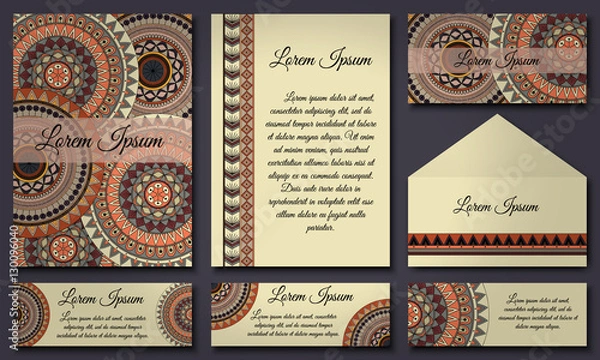 Fototapeta Set of invitation templates with colorful tribal mandalas. Ethnic wedding and invitation cards.