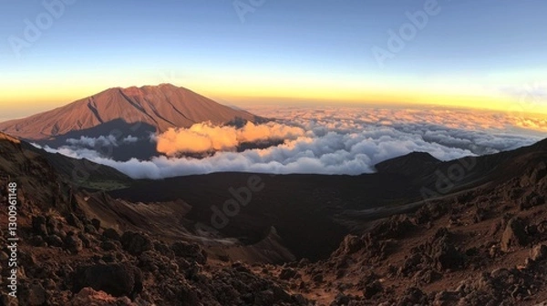 Fototapeta A breathtaking view from a mountaintop, clouds below glowing with the morning sun. 