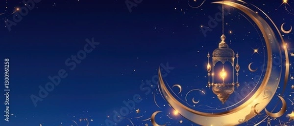 Fototapeta Glamorous and festive illustration with a large golden crescent moon and an ornate hanging lantern against a deep blue star - filled sky. 
