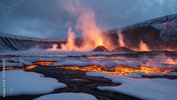 Fototapeta Majestic volcanic eruption with glowing lava flows surrounded by snow-covered landscape at dusk