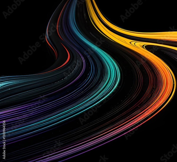 Fototapeta Сurves with colorful reflections create a mesmerizing abstract pattern on a black background.generative ai