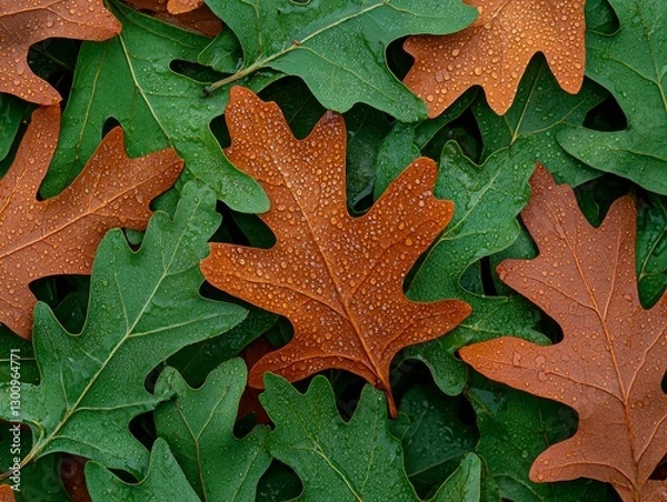 Fototapeta Autumn Oak Leaves with Dewdrops Nature Background Close-up View Tranquil Environment Fall Aesthetic