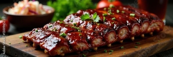 Fototapeta Perfectly glazed ribs, vibrant coleslaw in a rustic setting , summer picnic, outdoor