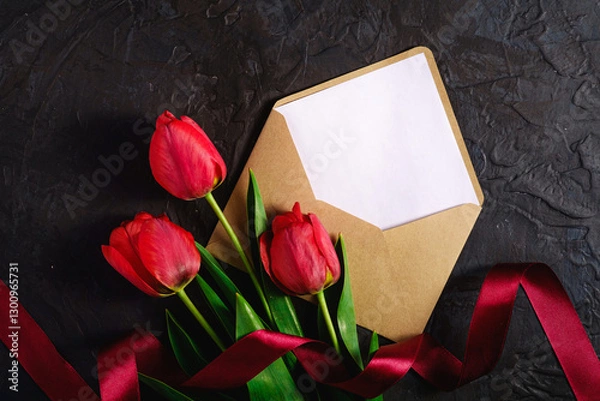 Fototapeta Red bunch of tulip flowers with envelope card and ribbon on textured black background, top view copy space