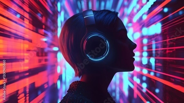 Fototapeta A creative advertisement for a new music streaming service, with abstract sound waves and neon lights