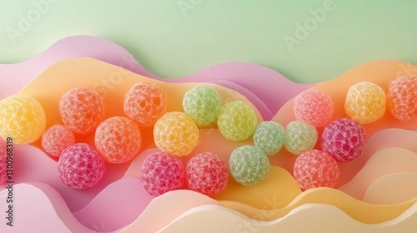 Fototapeta A colorful display of gummy balls arranged in a wave pattern. The gummy balls come in a variety of colors, including green, yellow, and pink. The arrangement creates a playful and fun atmosphere
