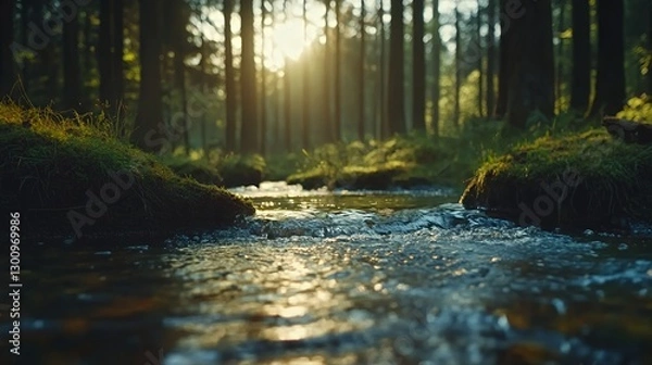 Fototapeta Tranquil forest stream with sunlight filtering through tall trees.