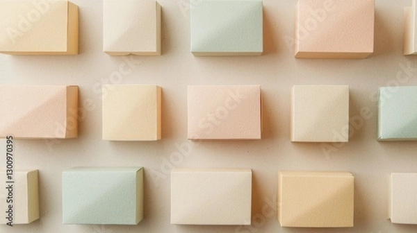 Fototapeta A top-down view of various pastel-colored paper boxes, arranged in a harmonious pattern on a neutral surface. --chaos 20 --ar 16:9 --quality 2 --v 6.1 Job ID: b8d3765b-587a-4903-a1fa-a0ac895f9830