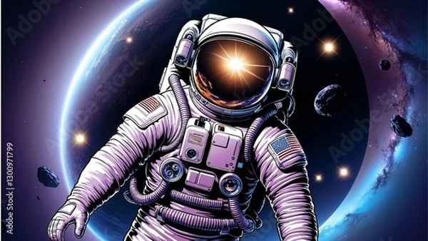 Fototapeta Astronaut Floating in Space with Cosmic Background – Vector Illustration