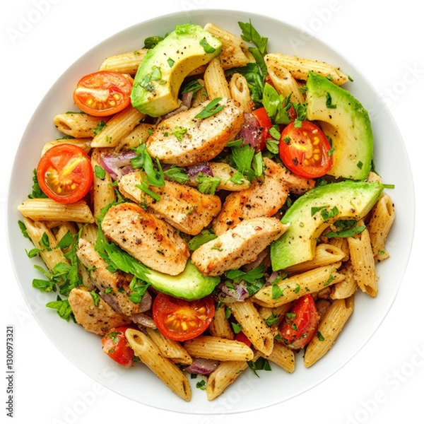 Fototapeta chicken pasta salad with avocado and tomato on a plate, isolated on white background
