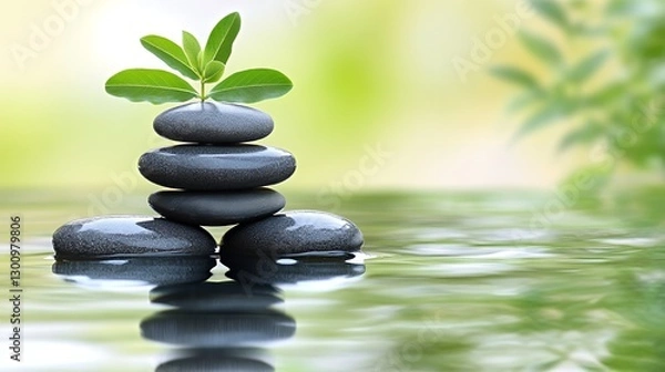 Fototapeta A serene arrangement of stacked stones with a green leaf sprouting from the top.