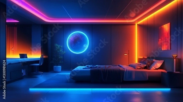 Fototapeta Futuristic bedroom with neon lighting and cosmic wall art, creating a vibrant atmosphere.