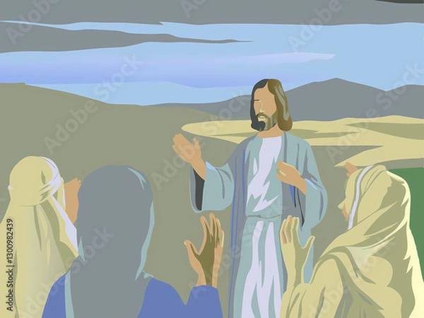 Fototapeta The great commission, Jesus sending out his disciples, empowering them for mission, vector-style image
