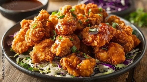 Obraz A close-up of Japanese karaage, crispy fried chicken pieces served with shredded cabbage, accompanied by a side of soy-based dipping sauce