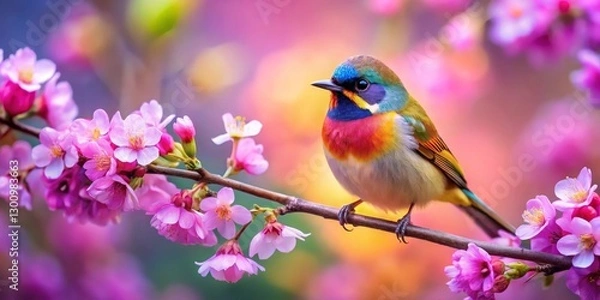 Fototapeta A vibrant, multicolored bird perches delicately on a blossoming branch, surrounded by a profusion of soft pink flowers, creating a breathtaking scene of springtime beauty and natural harmony.