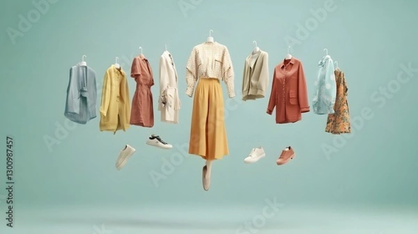 Fototapeta A creative ad for a new online clothing store, showcasing a mix of trendy outfits floating against a neutral background