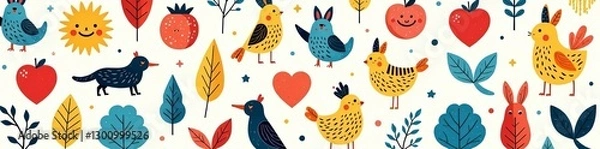 Fototapeta Colorful hand-drawn characters and shapes in seamless design, design, pattern