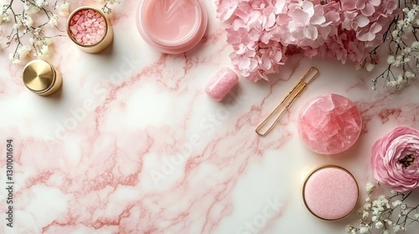 Obraz Pink hairpins, a rose quartz roller, gua sha, gold rings, and a wristlet are arranged on a white marble background with copyspace in a top view photo, emphasizing the skincare beauty concept.