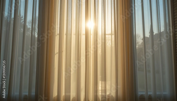 Obraz Warm Sunlight Streaming Through Sheer Curtains
