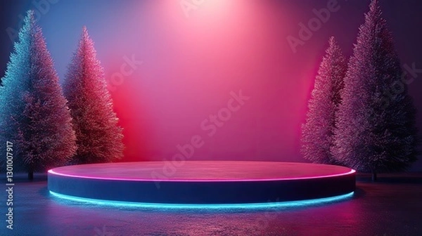 Obraz Purple, mint green, pink Christmas neon holographic 3D stage. Crystal glass Xmas trees, empty circle podium for cosmetics mockup. Abstract surreal dreamy showcase scene.