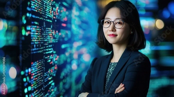 Fototapeta Confident businesswoman standing in front of a high-tech data visualization display, symbolizing innovation and expertise in the tech industry with a futuristic atmosphere and bright lighting.