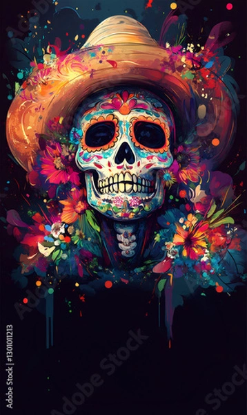 Fototapeta Vibrant illustration of a decorated calavera skull wearing a sombrero, surrounded by colorful flowers, in celebration of cinco de mayo