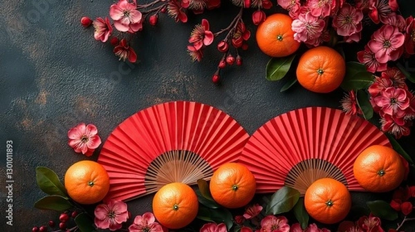 Obraz Red envelopes, tangerines, red fans, and cherry blossoms symbolize prosperity and good luck in this Chinese New Year setup.