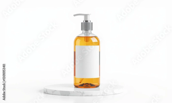 Fototapeta clear soap bottle mockup with pump, featuring blank label, placed on circular stand. amber liquid inside adds warm touch to design