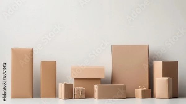 Fototapeta Set of small, medium, and large packages arranged aesthetically on a white background