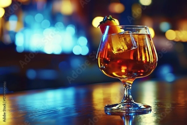 Fototapeta Elegant cocktail glass with amber liquor and ice cubes, garnished with a strawberry, sitting on a reflective bar top with a blurred background of city lights and bokeh.
