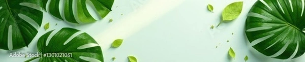 Fototapeta lush green leaves scattered on a neutral surface, abstract background, tropical