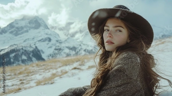Fototapeta A beautiful girl with long hair sits on a snow covered hillside, wearing a oversized brown wool coat and hat, with a snowy mountain background, cinematic imagery, and a retro style.