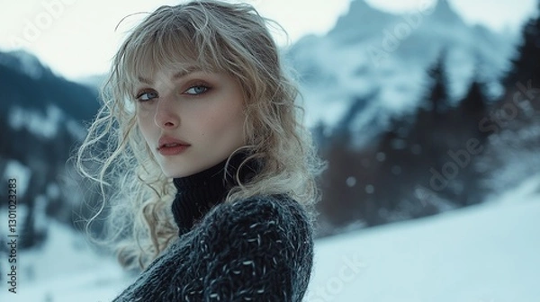 Fototapeta A woman wearing a black sweater and white wool scarf in the snow, with golden hair with bangs, gray eyes, mountain background, natural light, soft tones, portrait lens, elegant winter portrait.