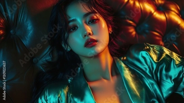 Fototapeta Beautiful Korean woman with dark hair, wearing a silk top, lying on the sofa, looking up at the camera, dramatic lighting, green edge light, editing photo style, authentic aesthetics.