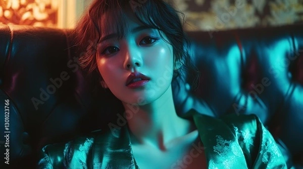 Fototapeta Beautiful Korean woman with dark hair, wearing a silk top, lying on the sofa, looking up at the camera, dramatic lighting, green edge light, editing photo style, authentic aesthetics.
