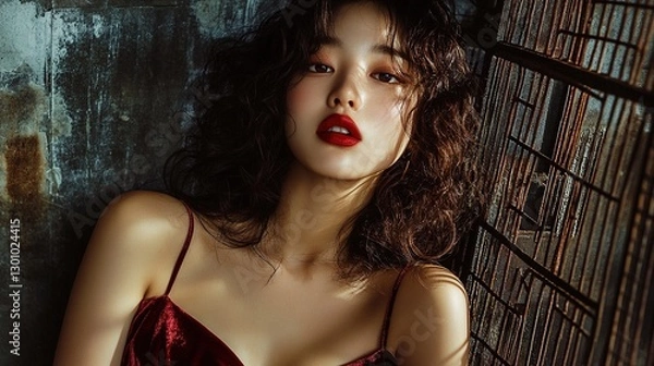 Fototapeta Beautiful Korean woman with curly hair and red lips, wearing a deep burgundy silk top, posing in front of an old metal wall, staring at the camera, editing photos of high fashion magazine covers.