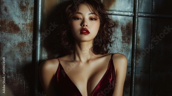 Fototapeta Beautiful Korean woman with curly hair and red lips, wearing a deep burgundy silk top, posing in front of an old metal wall, staring at the camera, editing photos of high fashion magazine covers.